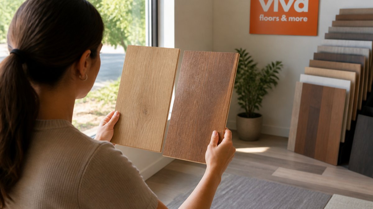 A homeowner holding two flooring samples side by side near a sunlit window, comparing wood grain and color in natural room lighting